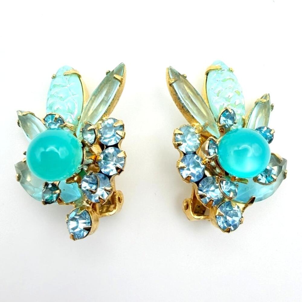 Juliana DeLizza Elster Moonglow Aqua Blue Florette Clip Earrings Verified